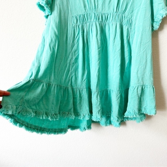 Umgee Green Babydoll Linen Cotton Ruffle Tunic Blouse Top Frayed Hem Sz M - Picture 8 of 12